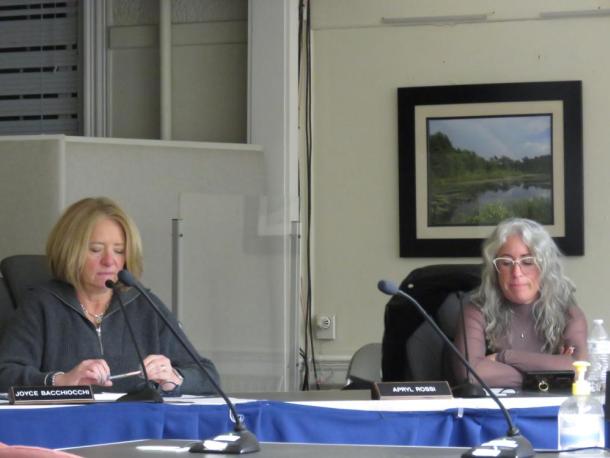 Joyce Bacchiocchi, left, and Apryl Rossi at the Thursday, March 19 School Committee meeting. Photo by Grace Roche