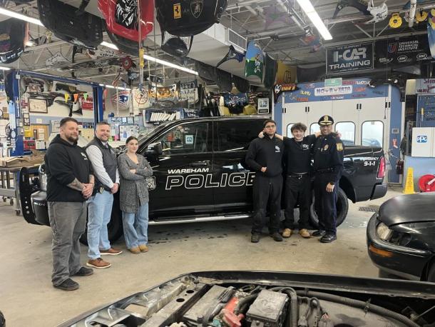 From the left, Instructor Kevin Salsman, Wareham PD LT. Bryan Whalen, student and Wareham resident Willow Tellier, student and Wareham resident Juan Rosario-Zamora, student and Wareham resident Aidan Ventura along with Wareham Police Chief Walter Correia. Photo source: Upper Cape Tech