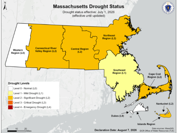 Massachusetts' drought status as of Aug. 7. Photo source: Executive Office of Energy and Environmental Affairs