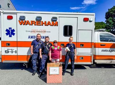 Ainslee Manduca brought stuffed animals to Wareham EMS over a month ago, which EMS Director Brad Allen said the staff received well. Submitted photos