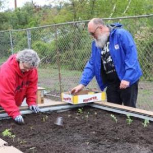 Dixie and Matthew Hill work in their community garden bed at Damien’s Pantry in 2024. File photo