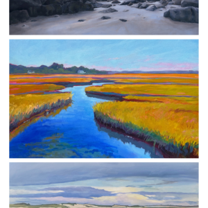 This photo shows images from the artists who are exhibiting: Kim Gatesman, Christy Gunnels and Barbara Healy